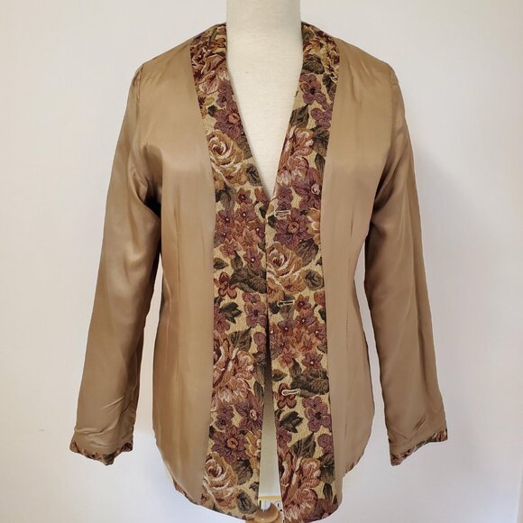 WinterSilks Autumn Rose Floral Tapestry Weave Jacquard Blazer Beige Maroon Green - Picture 6 of 9